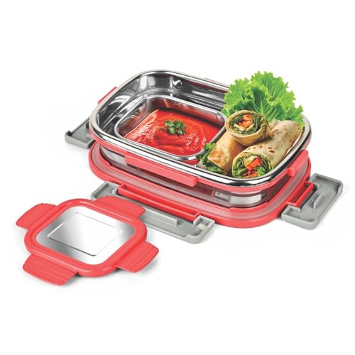Image of SignoraWare Quickmeal Stainless Steel Small Lunch Box | Airtight & Leakproof | Portion Control | Easy to Carry | Ideal for Office, School, Kids & Travel (650ml + 130ml | Red)