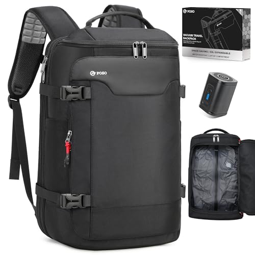 POSO P Vacuum Backpack Travel, 60L Expandable Vacuum Seal Backpack with Pump & Laptop Compartment(Fits 17"), Water-Resistant Compression Back pack, Business Carry-On Bag Gifts for Men Flight Weekend
