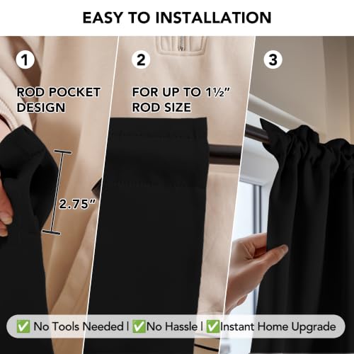 Image of Deconovo Room Darkening Curtain Thermal Insulated Blackout Curtains for Kids Room Black 38 x 63 Inch 2 Panels