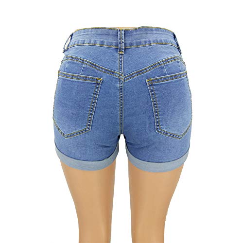 Blostirno Women's Mid Rise Waisted Denim Shorts Cuffed Hem Ripped Jean Short Elastic Pants with Pockets (Light Blue6010 M)