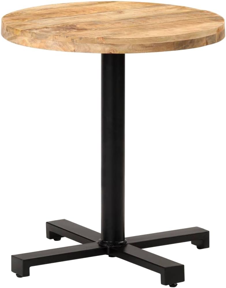 Bistro Table Round 27.6 inch Outdoor Patio Dining Set Rough Mango Wood Natural Finish Black Iron Base Garden Restaurant Cafe