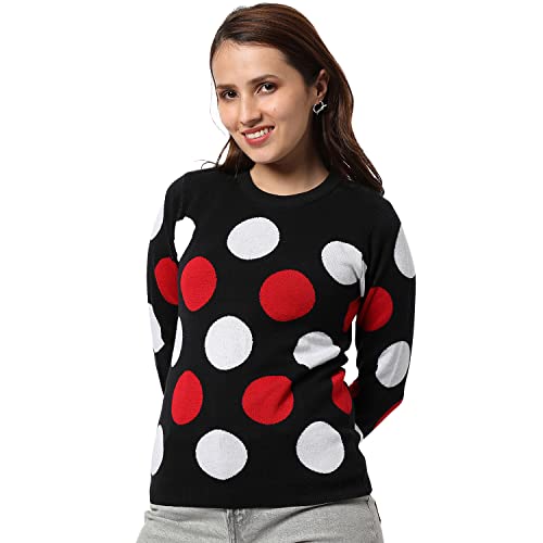 Image of Campus Sutra Women Black Polka Dot Regular Fit Sweater | Round Neck, Full Sleeve, Woolen Sweater for Women & Girls | Stylish Casual Winter Wear