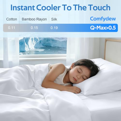 Image of Cooling Comforter King Size Set 4 Pieces, Summer Blanket with Dual-Sided Cool Tech, Deep Pocket Fitted Sheet Fits Up to 18 inch, Q-Max>0.55 Thin Comforter for Hot Sleepers, with 2 Pillowcases, White