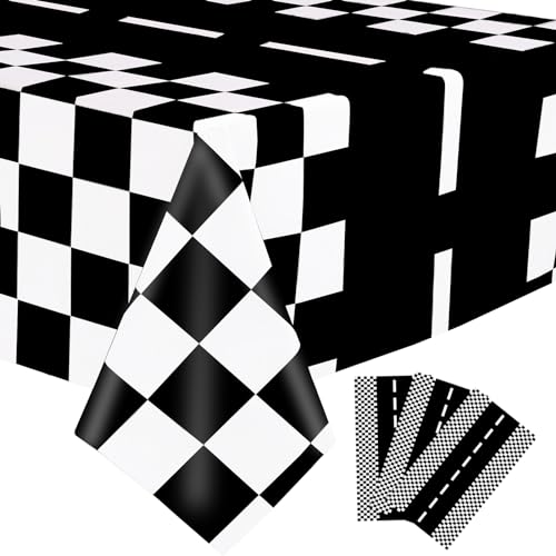 Image of Kesfey 3 Packs Race Car Plastic Table Cloths 54 x 108 Inch Race Car Road Birthday Party Supplies Race Track Tablecloth Black Checkered Flag Table Covers Monster Jam Table Cloth for Kids Boy Car Theme