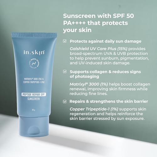 Image of in.skin Peptide Repair SPF 50 PA++++ Sunscreen | Broad Spectrum UV Protection with Matrixyl 3000 & Copper Peptide | Lightweight, Non-Greasy |For Oily, Acne-Prone & Sensitive Skin (50 gm)