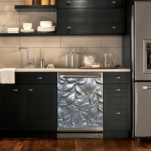 Image of BVBOX Dishwasher Magnet Cover 23 inchx26 inch, Reusable Magnetic Refrigerator Covers, Dishwasher Magnets Decorative Cover Fridge Door Skin Panel Stickers for Home Kitchen Appliance,Metal Embossed Leaves