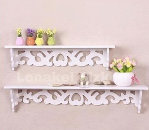 Image of Beautiful Wooden Shabby Chic Style Floating Wall Shelves | Bookshelf | Wall Mounted Decorative Display Shelf |Wall Brackets for Living Room (Set of 2 (White))