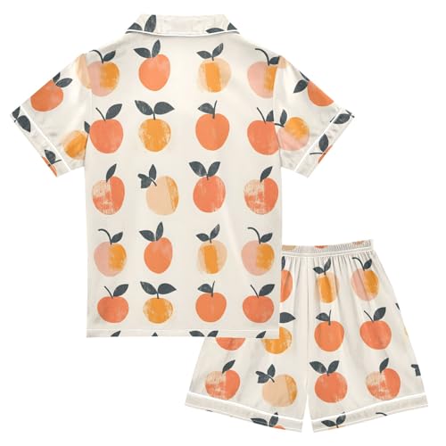 Peach Watercolor Pattern Summer Satin Pajama Set, Cute Button-Down Sleepwear Pj Set for Sleep Wears2