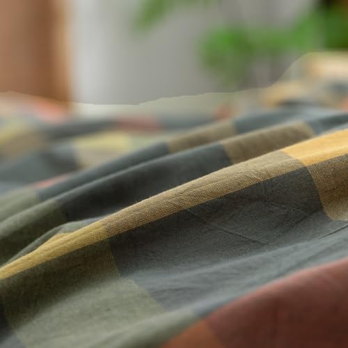 Image of VM VOUGEMARKET Washed Cotton Bedding Set King Colorful Plaid Duvet Cover Set 3 Pieces Orange Grey Green Grid Duvet Cover with Zipper Ties for Men Women-104x90 Inch