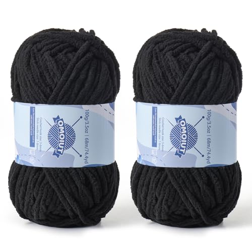 Image of 2 Pack Chunky Chenille Yarn for Crocheting, Baby Yarn for Crocheting Soft Blankets, Bulky Yarns for Crochet Amigurumi, 200g (148.7yds) Fluffy Velvet Yarns for Hand Knitting (2 Black)