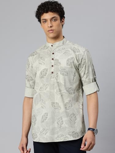 Image of Majestic Man Men's Pure Cotton Printed Mandarin Collar Regular Fit Roll-Up Sleeves Short Kurta