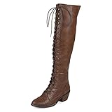 Brinley Co. Womens Blitz Faux Leather Regular and Wide Calf Over-the-knee Lace-up Brogue Boots Brown