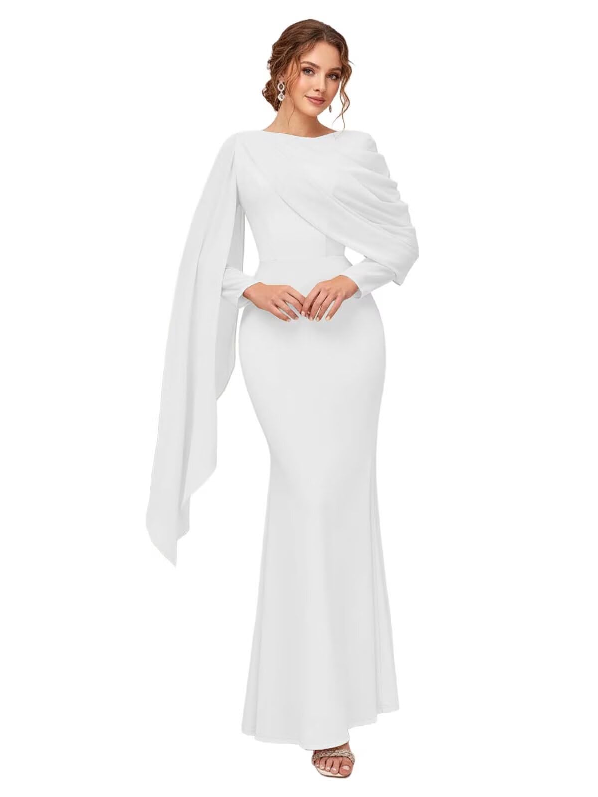 Long Sleeves Mother of The Bride Dress Shawl Pleated Formal Mermaid Dresses Chiffon Wedding Guest Party Gown