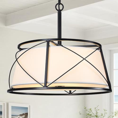 QAPKGH 15.7' Drum Chandeliers for Dining Room, Black Modern Chandelier with White Fabric Shade for...