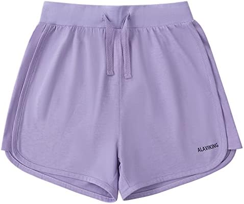ALAVIKING Girls Cotton Shorts Athletic Running Shorts with Elastic Waistband Workout Shorts for Girls Size 3-12 Years (Lilac-m)