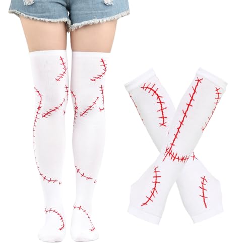 SherryDC Womens Girls Cosplay Rainbow Striped Knee High Socks Leg Arm Warmer Fingerless Gloves Set