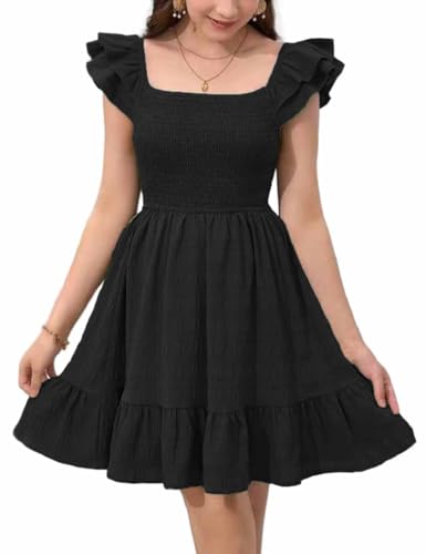 Girls Party Casual Dresses Woven Cap Sleeve Square Neck Elastic Waist Holiday Outfits with Pockets,8-14 Years