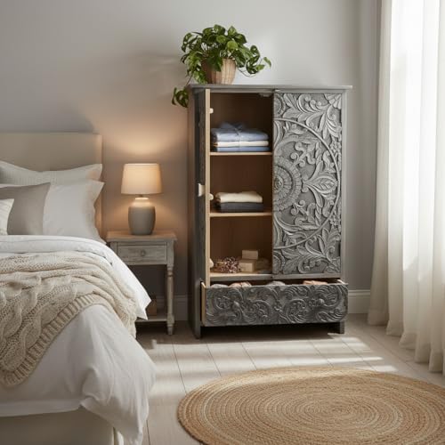 Image of APRODZ Wooden Wardrobe for Bedroom | Scolpito 2 Door Mango Wood Wardrobe with 1 Drawer | Space Saving Wardrobe for Storage, Clothes Cupboard & Wooden Almirah for Bedroom, Grey