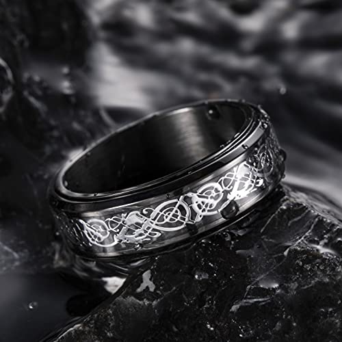 Image of King Will 316L Stainless Steel Spinner Ring for Men Women- 8mm Width Fidget Ring with Dragon /Celtic Knot Pattern, Stress Anxiety Relief Comfort Fit Wedding Band
