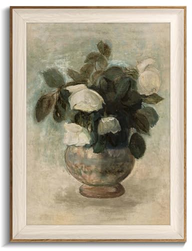 Uniro Vintage Floral Wall Art Framed, Neutral Flower Still Life Oil Painting, White Roses Canvas Prints Artwork with Antique Frame, Farmhouse Wall Decor for Bedroom, Kitchen, Shelf, Bathroom Wall Decor, Cottagecore Room Decor - 12x16Inch