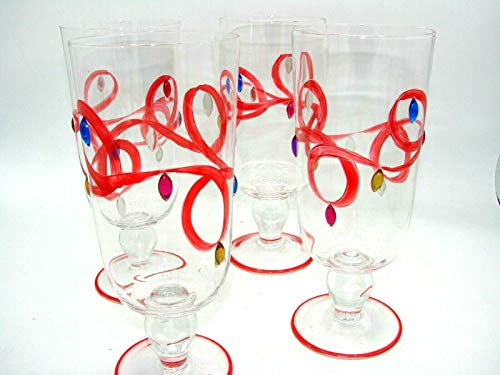 Block Basics Christmas Holiday Lights Set of 4 Iced Beverage Stem Glasses Hand-Made Jeweled