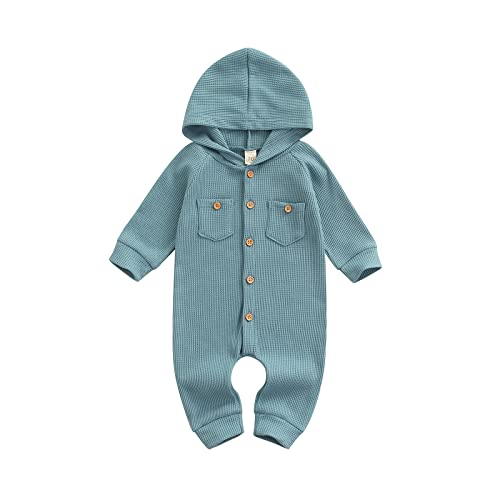 Image of Ynibbim Winter Newborn Baby Boy Girl Solid Romper Unisex Infants Hooded Outfit Clothes Waffle Cotton Button Jumpsuits