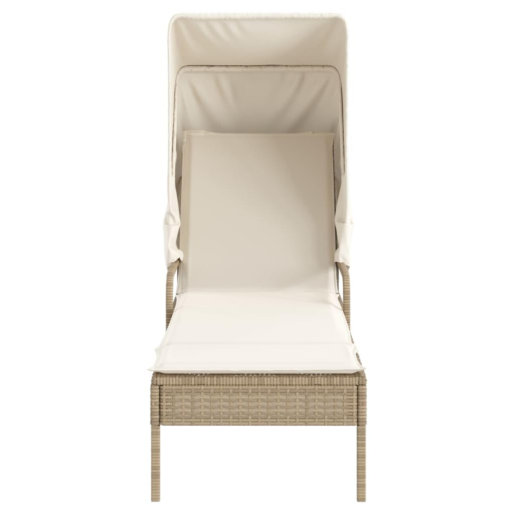 Sonnenliege mit Dach beige Poly Rattan, Gartenliege verstellbar mit Kissen, wetterfest UV-beständig, 200 cm Liegefläche für Garten, Balkon, Terrasse, Pool und Camping