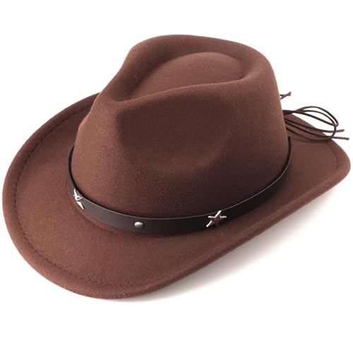 BQUBO Kids Western Hats Boys Girls Wide Brim Cowboy Hat Classic Felt Fedora Hats with Wind Lanyard for 3-8Y2