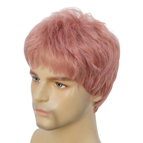 Image of Swiking Pink Wigs for Men Short Layered Synthetic Hair Wigs for Halloween Cosplay Daily Party Male Use
