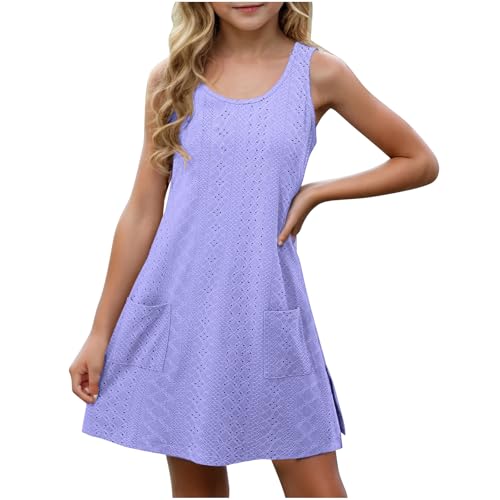 Girls Tank Dress Summer Basic Crewneck Sleeveless Sundress Fashion Eyelet Off Shoulder Casual a Line Dress 4-14 Years