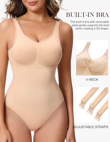 Image of Shapewear Bodysuits with Built in Bra Tummy Control Body Shaper | V Neck Wide Straps Compression Cami Faja Body Shaper with Crotch Hooks