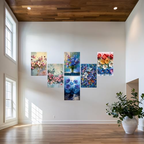 Image of SiddArtify Palette Knife Floral Art Print Set - Pink Blue and Rainbow Flowers - Sticker - 8x12 Inch - Pack of 6 Wall Room Decoration art Poster Prints