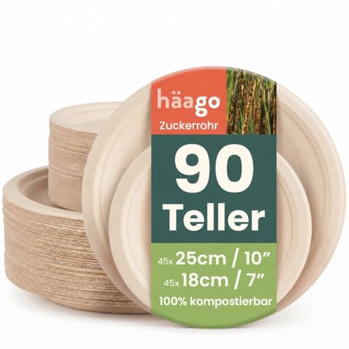 HAAGO 90 Extra Stabile Kompostierbare Zuckerrohr Teller, 25cm...