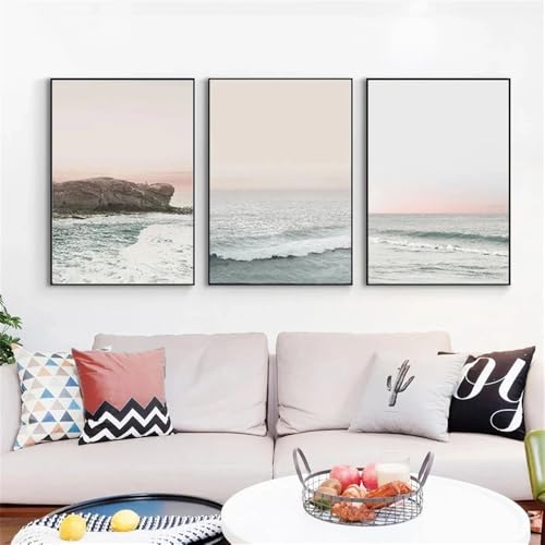 Póster de Paisaje Nórdico Bonitas Imágenes Abstractas de Olas del Océano al Atardecer Arte de Pared Lienzo Pintado Sala de Estar Oficina Decoración del Hogar-(30*50cm/12*20pulgadas)*3PCS-Sin marco