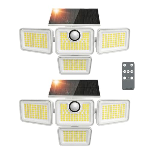 omibee Solar Lights Outdoor, 6000LM 4 Heads Motion Sensor Lights, 3 Mode, IP65 Waterproof Solar Security Wall Lights, Remote Control Flood Lights for Garden Backyard, White 2 Pack