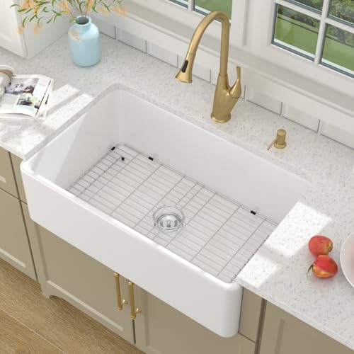 Lordear White Farmhouse Sink 33 Inch Apron Front Reversible Solid