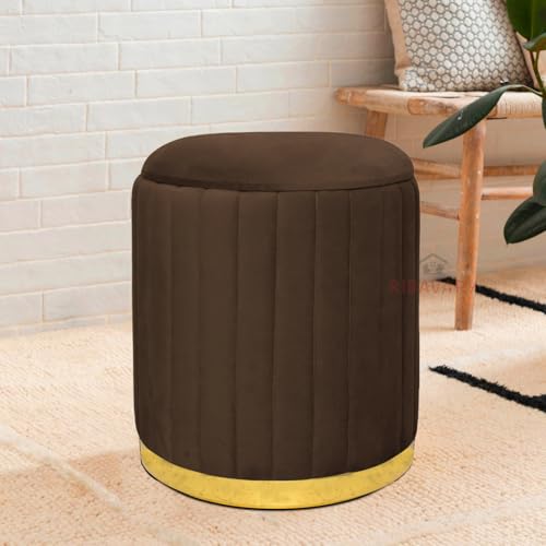 Image of Round Velvet Luxurious Storage Ottoman, Pouf with Storage Vanity Stool Chair,Upholstered Foot Rest Stool with Gold Strip Base for Living Room or Bedroom (Coffee., Large-40Dx40Wx46H)