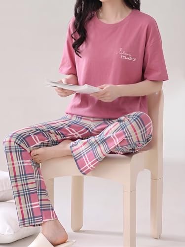 Image of Celary Women's Cotton Blend Printed Night Suit Set||Soft & Breathable Short Sleeve Top & Ethnic Print Pyjama Set||Also Available in Plus Size||Korean Night Suit||Comfortable Home Wear & Sleepwear