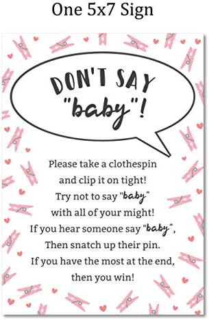 Don’t Say Baby Game for Girls Baby Shower Clothespin Game Includes One 5x7 Sign and 48 Mini Pink Clothespins