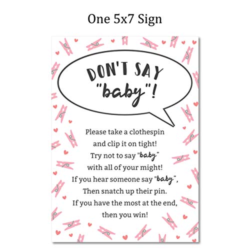 Don’t Say Baby Game for Girls Baby Shower Clothespin Game Includes One 5x7 Sign and 48 Mini Pink Clothespins