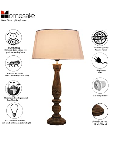 Image of Homesake Handcrafted Wooden Table Lamp for Bedroom & Living Room | Decorative Bedside Reading Lamp with Fabric Shade, E27 Holder | Bulb Included | Black Floral Carved Base for Home Decor, White Drum