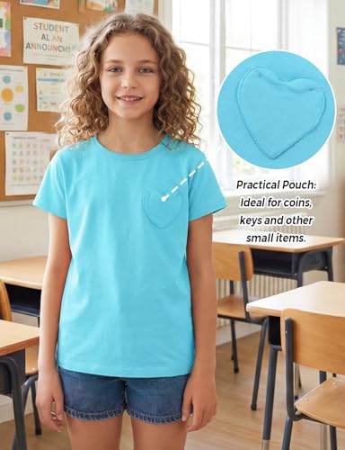 Image of Noomelfish Girls Short Sleeve Heart Pocket T-Shirts Casual Cotton Tee Tops Blouse (5-12 Years)