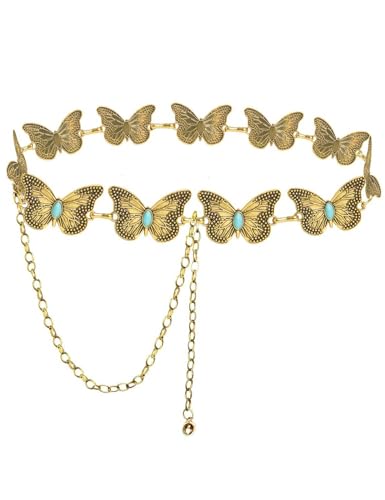 TOPACC Metal Butterfly Chain Belts for Women Fashion Western Turquoise Boho Belt for Dress Jeans