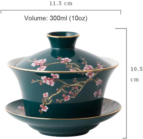 Image of 10oz Large Gaiwan, Ceramic Teacup -Embossed Plum Patterns (Green)