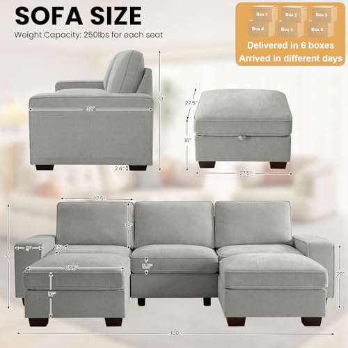 Image of TEKAMON 100 inch inch Modular Sectional Sofa with Seats Storage, U Shaped Couch with Movable Ottomans, Chenille Fabric Couch for Living Room, Removable Cover (LightGrey, 3 Seater & 2 Ottomans-U Shape)