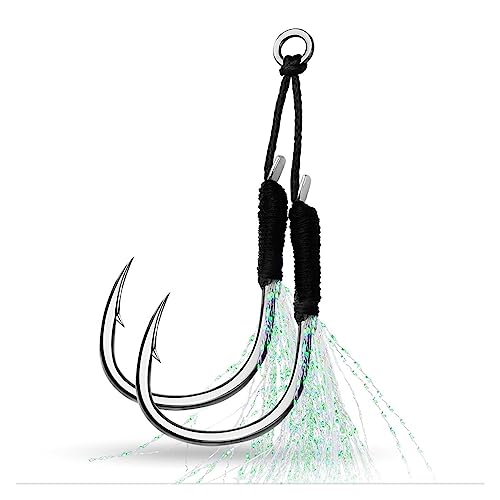DHAEY SeroNi 5 par/Bolsa Anzuelo de 11#-20# de Asistencia Plantilla Anzuelo con Hilo Pluma Luminosa Doble par Anzuelo de púas Anzuelo de de mar(Silver,No16 5 Pairs)