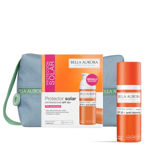 Bella Aurora Pack Protector Solar Antimanchas SPF 50+ Piel Normal-Seca | Fotoprotección Facial UVA UVB IR HEV | Ayuda a Reducir Manchas | Acabado Invisible | Neceser de Regalo | 50 ml