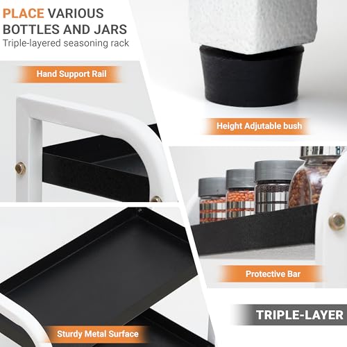Image of Livzing Metal 3 Tier Spice Rack for Kitchen Space Saving Countertop Storage Racks Cosmetics Organizer Kitchen Shelf Bathroom Organizer Stand Multipurpose Tiered Shelves With Plastic Hooks - White