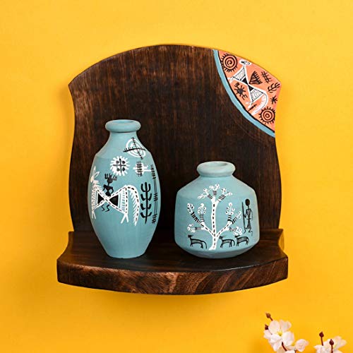 Image of AAKRITI ART CREATIONS Wooden Wall Decor Shelf with 2 Pots Madhubani Design | Handcrafted Wooden Hanging Shelf with Terracotta Vases | Matte Finish Decorative Art for Living Room, Entryway & Gifting