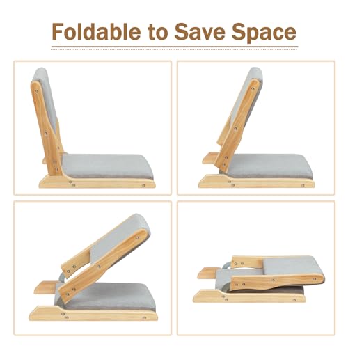 Image of HollyHOME Foldable Japanese Style Floor Chair with Back Support, Wood Legless Tatami Chair with Cushion, Accent Meditation Seat for Bay Window, Living Room, Bedroom, Light Grey